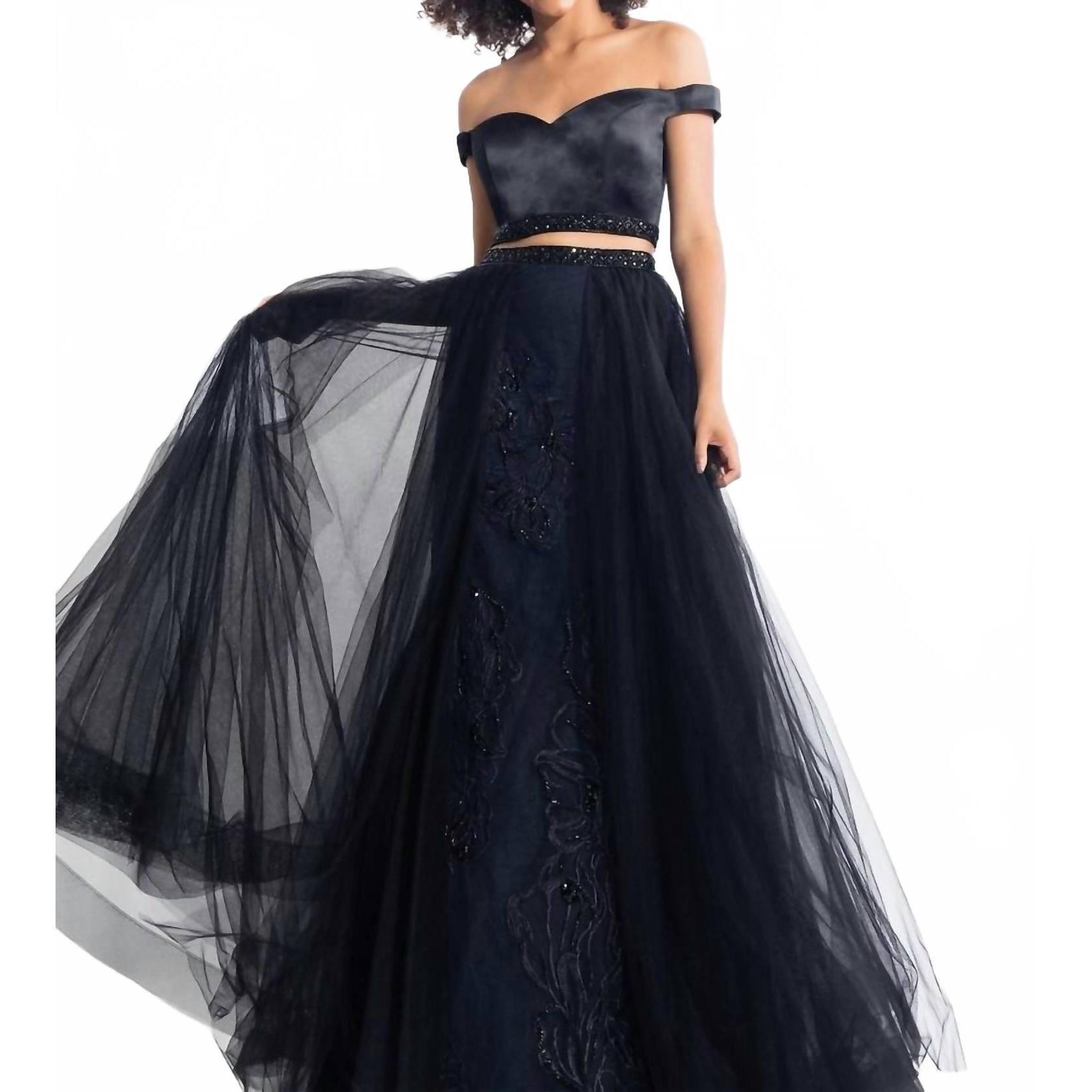 New Rachel Allan Two-Piece Off Shoulder Gown With Overskirt In Black